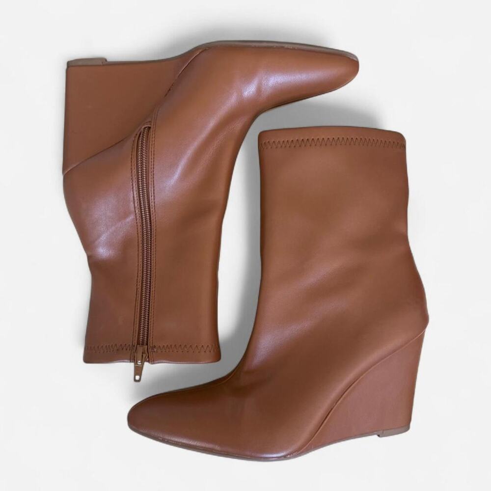 Tan vegan leather wedge ankle boots with pointed toe